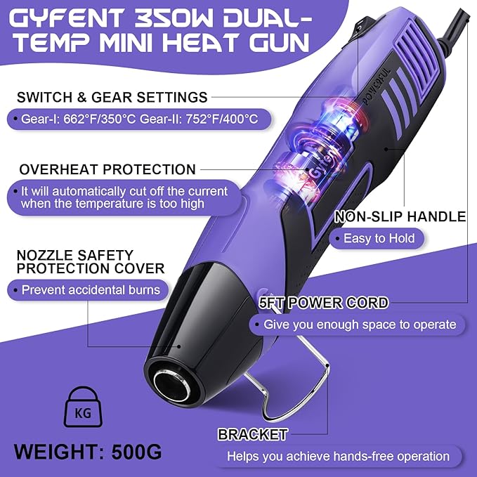 Gyfent Heat Gun with 100Pcs Solder Seal Wire Connectors & 200Pcs Heat Shrink Tubing, 662°F/752°F(350°C/400°C) 350W 2-Temp Mini Heat Gun with 5Ft Power Cord for Crafting Shrink Tubing Embossing DIY