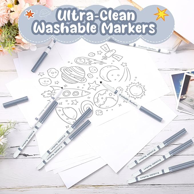 18 Pcs Line Washable Markers Bulk Grey Fine Tip Markers Set Coloring Thin Tip Drawing Washable Pen for Kids Art School Classroom Back to School Gender Reveal Party Supplies, Ages 6+