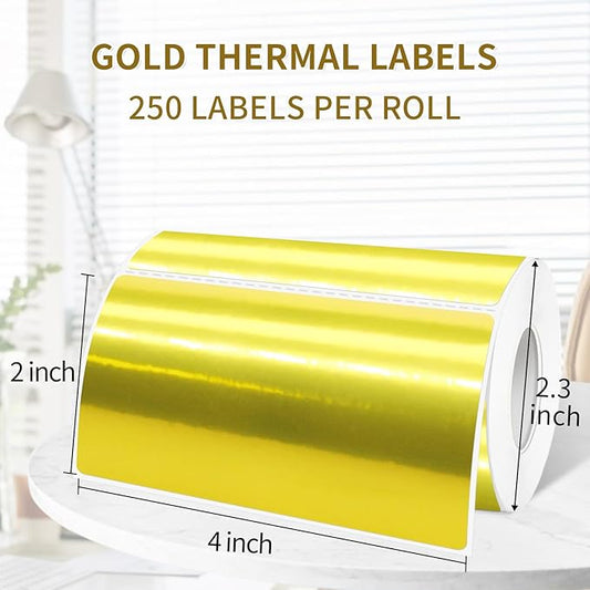 2" x 4" Gold Thermal Label Stickers,Waterproof Thermal Printer Sticker Labels for Gift Wrapping, Self-Adhesive Name Price Tag DIY Custom Logo Design (250 pcs,Gold)