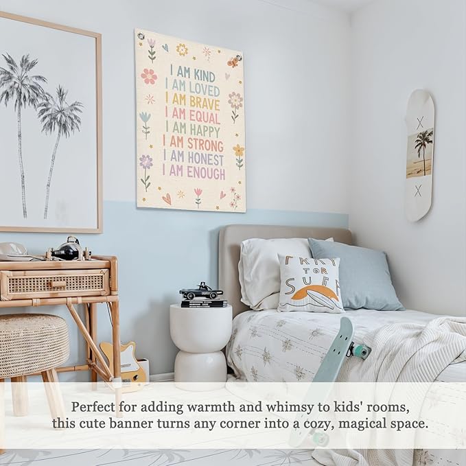 Affirmations Wall Hanging Art for Kids, Flower Wall Art I Am Kind Linen Canvas Banner, Girls Room Decor, Kid's Bedroom, Affirmations Wall Banner, Inspirational Nursery Decor 18x25 Inch
