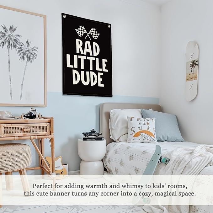Race Car Room Decor, Rad Little Dude Linen Canvas Banner for Boy Room Decor, Playroom Toddler Boys Bedroom Kidsroom Decor 18x25 Inch