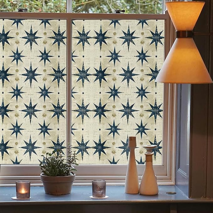 Grey Blue Star Boho Geometric Beige Modern Stained Glass Window Films - Image 3