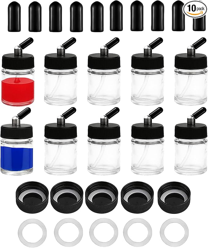 10pcs Airbrush Glass Bottles(60°Down Angle) 3/4oz 22cc with Jar Caps and Extra Lids O-Rings Straws,Airbrush Paint Storage Jars,for Dual Action Airbrush