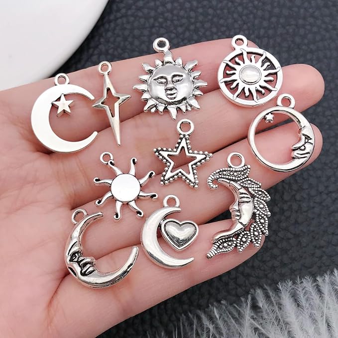 WOCRAFT 60pcs Antique Silver Sun Moon Star Bracelet Charms - Image 2