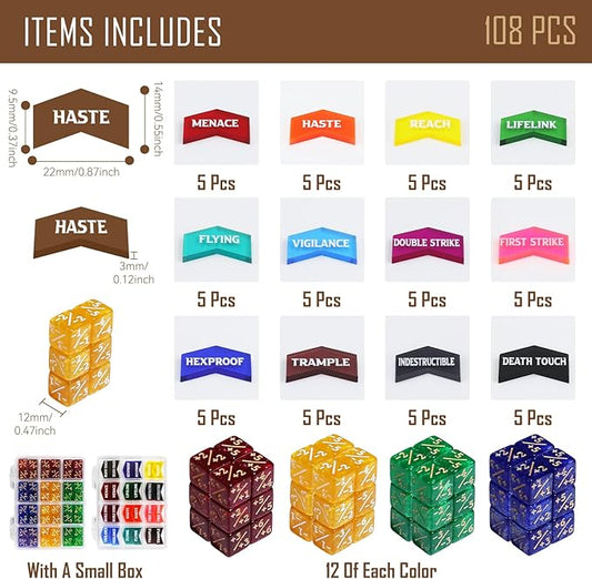 108PCS MTG Tokens & 12mm MTG Dice Set for Magic Card, Keyword Token Life Counters Dice with Box, Compatible with Magic CCG Card Gaming Accessories