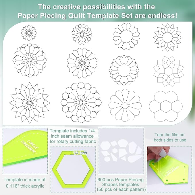 Cinnvoice 612 Pcs Patchwork Paper EPP English Piecing Supplies 12 Shapes - Image 3