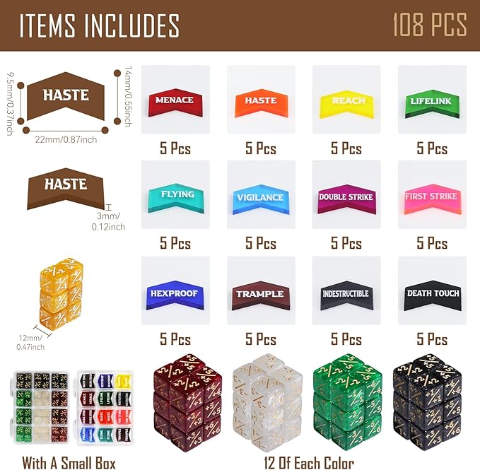 108PCS MTG Keyword Tokens & 12mm MTG Life Counter Dice Set for Magic Card, CCG Creature Stats Loyalty Dice with Box, Magic TCG Card Game Accessories