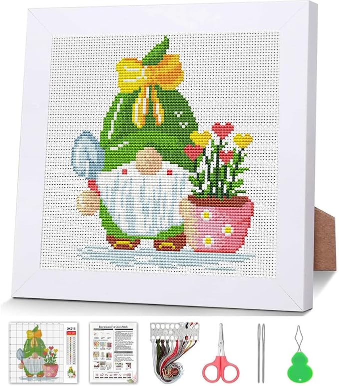 VIGEGU Gnome Cross Stitch Kits for Beginners, Flowers Stamped Cross Stitch for by VIGEGU