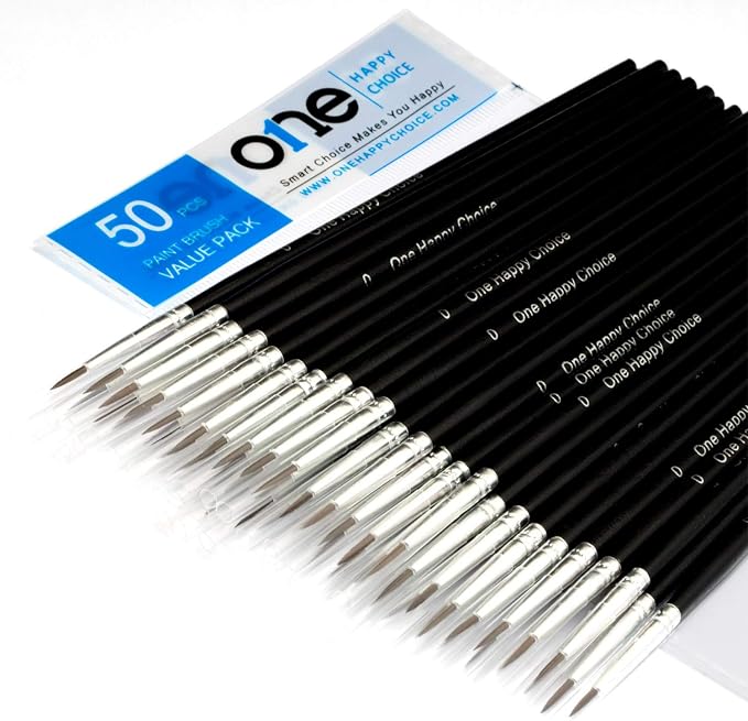 50 Pcs Fine Detail Synthetic Paint Brush Set, Pointed Round Size #0 Medium | by ONEHAPPYCHOICE