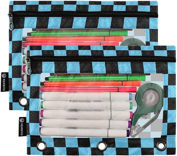 Black Blue Checkered Pattern Pencil Pouch - Image 2