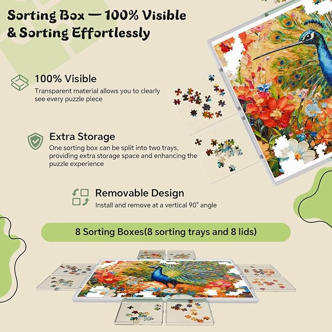 2000 Pieces Puzzle Board 3-in-1 Double-Sided & Rotating & Tilting, Plastic Puzzle Table with Sorting Boxes and PVC Cover, Portable Lazy Susan Jigsaw Puzzle Board for Adults, Gray Green