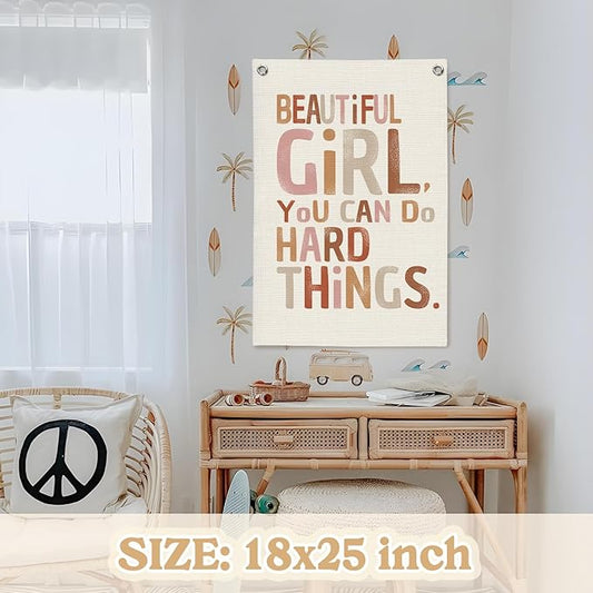 Girl Room Decor,Positive Affirmations Wall Decor,School Girl Style Classroom Decor,Wall Hanging Flag Decor for Nursery,Classroom,I Can Do Hard Things 18x25 Inch