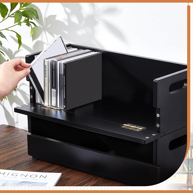 2 Set Wooden CD Storage Box Holder Shelf Cassette Tape Display Racks with Carrying Handles, Organizer Shelf for Movie Cases, DVDs, Each Set Can Store up to 36 Pcs CDs (Black)