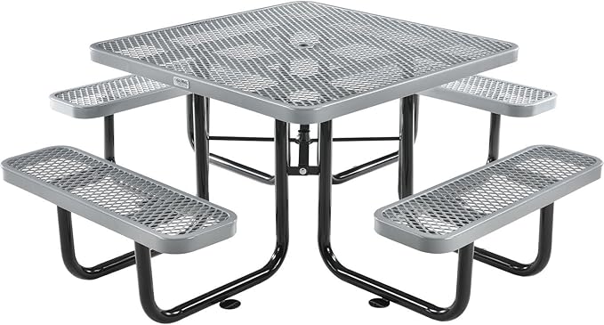 Global Industrial 46" Square Picnic Table, Expanded Metal, Gray Thermoplastic Coating, Attached Benches, 1-1/2” Umbrella Pole Hole, Outdoor-Rated, 1000 lb Capacity