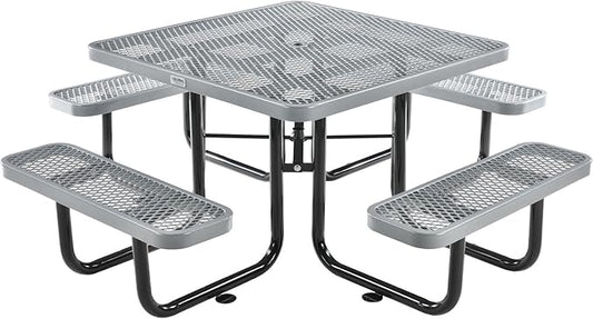 Global Industrial 46" Square Picnic Table, Expanded Metal, Gray Thermoplastic Coating, Attached Benches, 1-1/2” Umbrella Pole Hole, Outdoor-Rated, 1000 lb Capacity