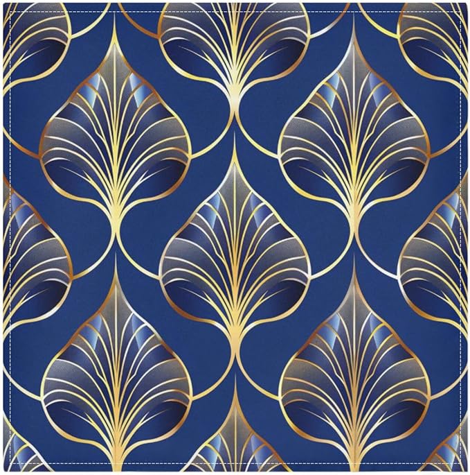 ALAZA Art Deco Floral Royal Blue & Gold Cloth Napkins Set of 6, 20x20 Inch Washable and Reusable Napkin for Decoupage Dinner Party Everyday Use