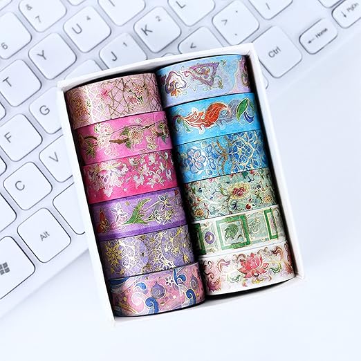 12 Rolls Floral Washi Tape Set, Gold Foil Flower Washi Tape, Botanical Washi Tape for Scrapbooking, Bullet Journal, Planner, DIY Crafts, Gift Wrapping