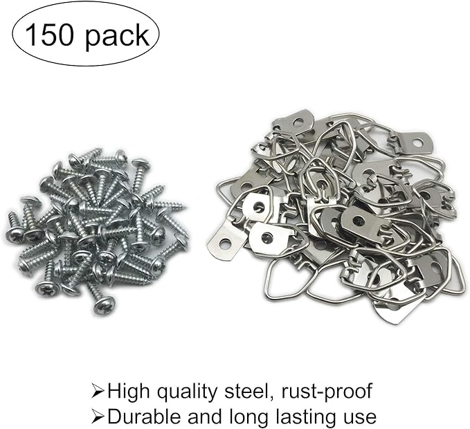150 Pack Small D-Ring Steel Picture Hangers with Screws Picture Frames Picture Hang Solutions, for Hanging Clock Paintings Artwork Picture Frame Hook Photos