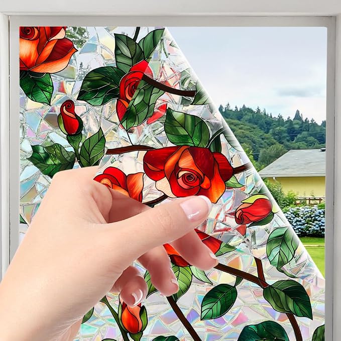 Bloss Rose Stained Glass Privacy Window Film, Decorative Floral Rainbow Window - Image 8