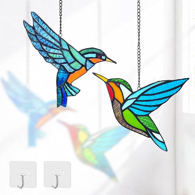 2 Packs Hummingbird Stained Glass Window, Real Handmade Stained Glass Window by Royxen