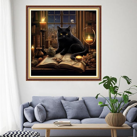 Funchey Stamped Cross Stitch Kits, DIY Cross Stitch Pattern for Adults Beginners Needlepoint Kits Embroidery Kit Arts and Crafts 11CT-Black Cat Book 18x18 inch