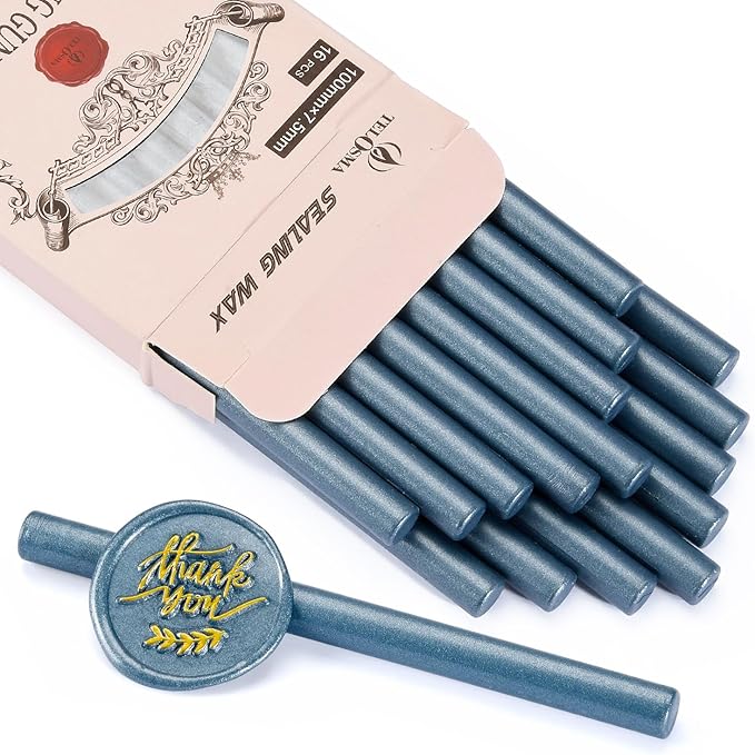 16 PCS Hot Glue Wax Sticks in Steel Blue Color for Mini Glue Gun, Make Wax Seals for Wedding Invitations Thanks Card Envelopes Gift Wrapping