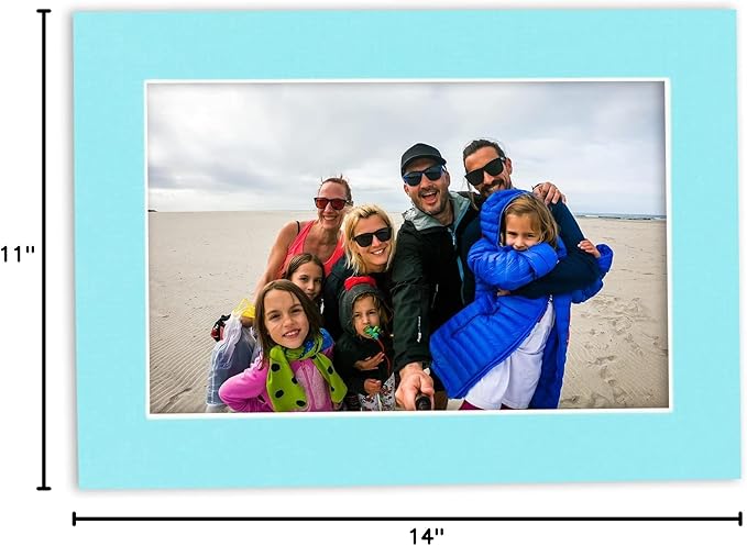 11x14 Mat Bevel Cut for 8.5x11 Photos - Acid Free Aquamarine Blue Precut Matboard With Backing Board and Crystal Clear, Self Seal Mat Bag - For Pictures, Framing - 4-ply Thickness