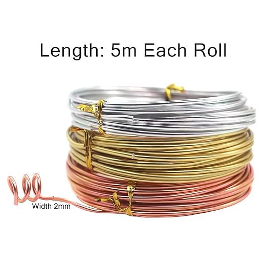 Cinvo 3 Rolls Craft Wire Jewelry Beading Wire Flexible Aluminum Wire Tarnish Resistant for DIY Jewelry Craft Making (12 Gauge/2mm Thick, Silver, Gold and Rose Gold)