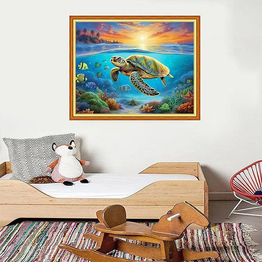 Foxdiviy Stamped Cross Stitch Kits for Beginners Full Range of Cross Stitching 11 CT Printed Cross Stitch Kits for Kids Adults Cross Stitch Patterns Needlepoint Kits-Ocean Turtle 16x20 inch