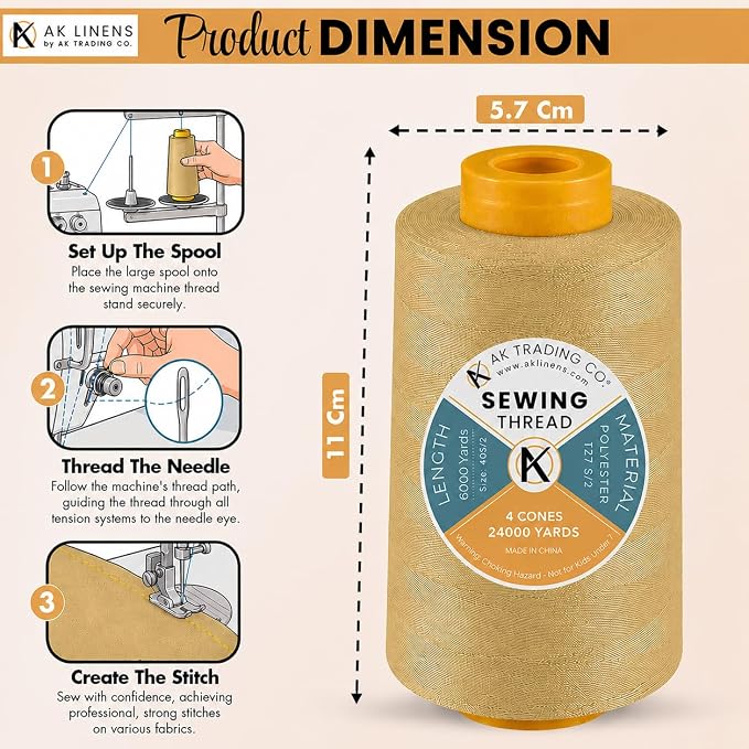 AK TRADING CO. 4-Pack Light Gold All Purpose Sewing Thread Cones of High - Image 2