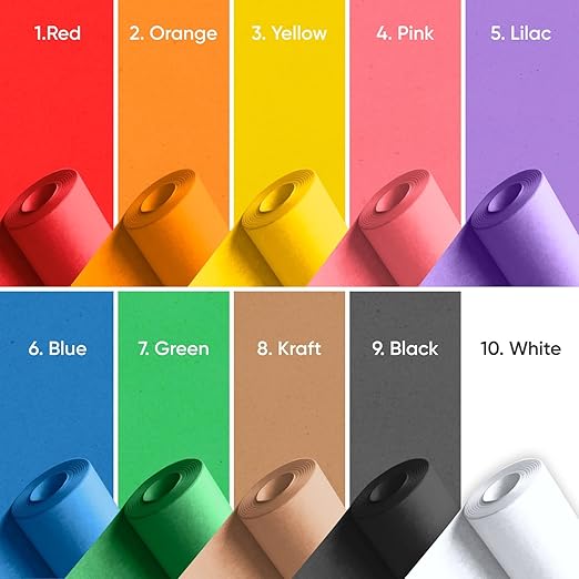 12" x 1200" (100 ft) Pack of 10 Rolls USA-Made Multi-Color Kraft Paper Rolls, 45 lbs/66 GSM – Colored Kraft Paper for Packing, Crafts, DIY Projects, Gift Wrapping – Non-toxic, Safe for Kids
