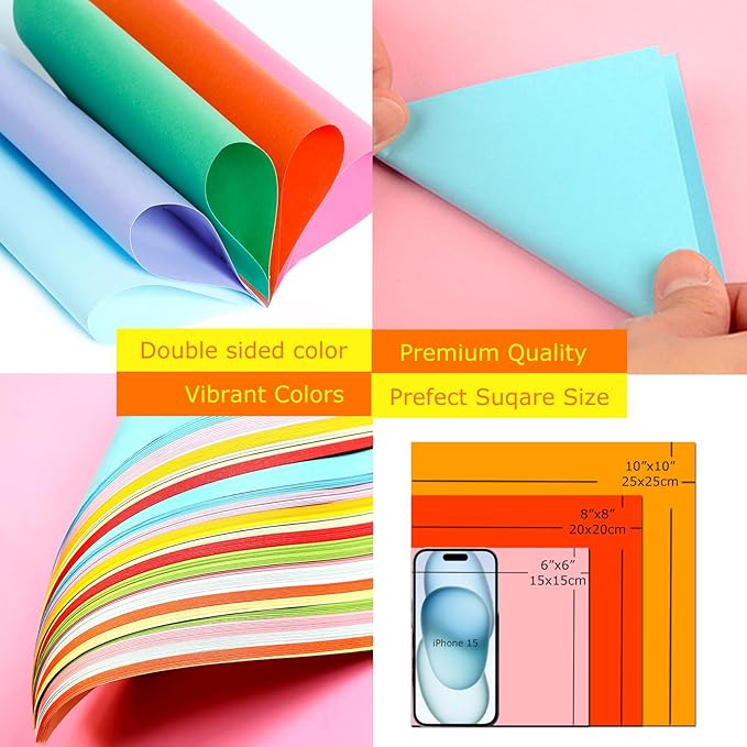 200 Sheets Origami Paper, 20 Colors Origami Craft Kit 6x6, Double Sided Color Origami Papers with 100pcs self-Adhesive Wiggle Eyes, Origami Paper for Kids Arts Crafts