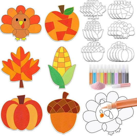 24 Sets Fall Sand Art Crafts for Kids Autumn Maple Leaf Pumpkin Turkey DIY by Relaxgiant