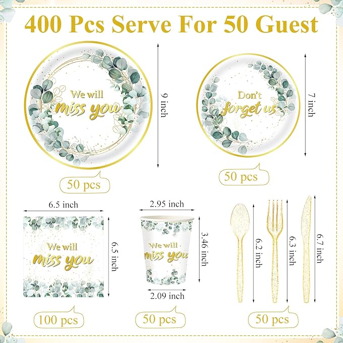 Pickmesh 400 Pcs Sage Green Farewell Party Supplies Include We Will Miss You - Image 3