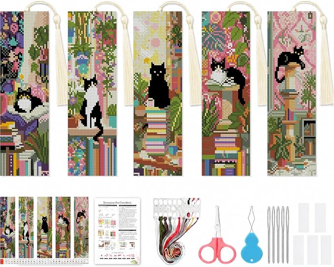VIGEGU 5 Pcs Cat Book Stamped Cross Stitch Bookmark Kits by VIGEGU