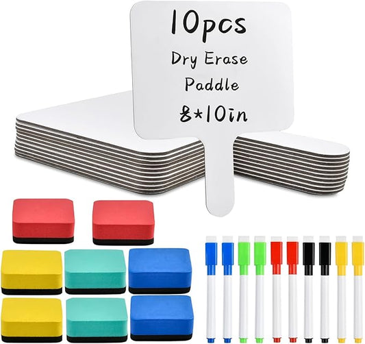 10 Pcs Dry Erase Answer Paddle, 10 x 8 Inch Auction Paddles with Markers and Erasers, Handheld White Board with Handle for Teaching Meeting Bidding Voting Games (Double Sided)