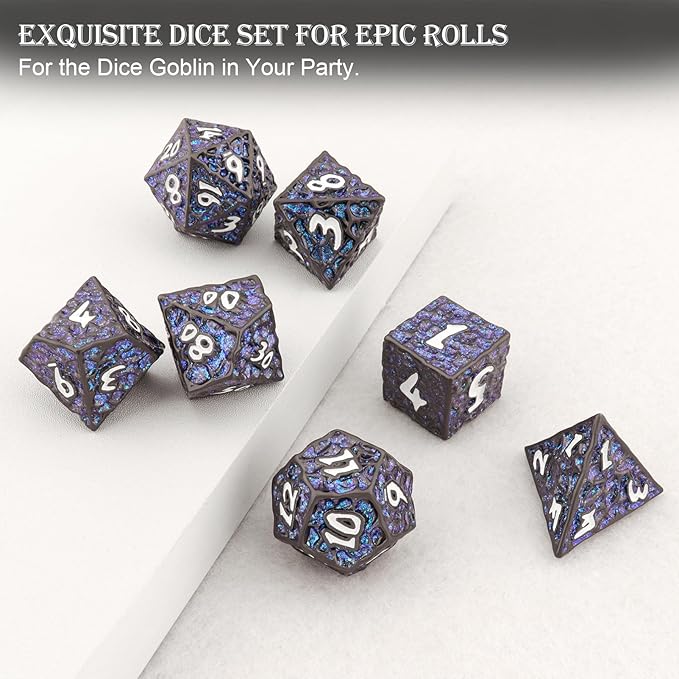 Haxtec Metal DND Dice Set Polyhedral D&D Dice Compatible with Dungeons and Dragons Gift TTRPG Black Blue Glitter Metal Dice