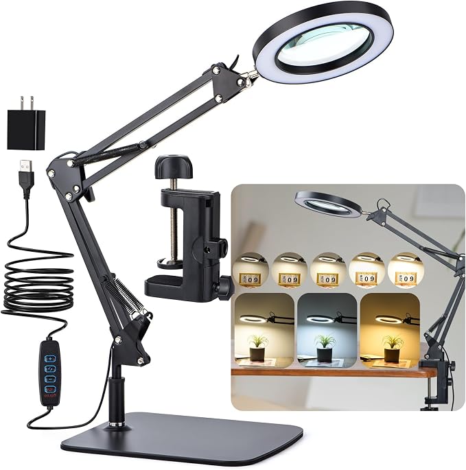 LED Magnifier Desk Lamp with Stand and Clamp, 3 Color Modes & Stepless Dimming by Dylviw