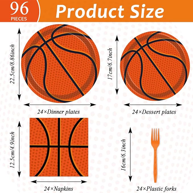 96Pieces Basketball Tableware Set Sport Party Disposable Plates Napkins Fork - Image 2
