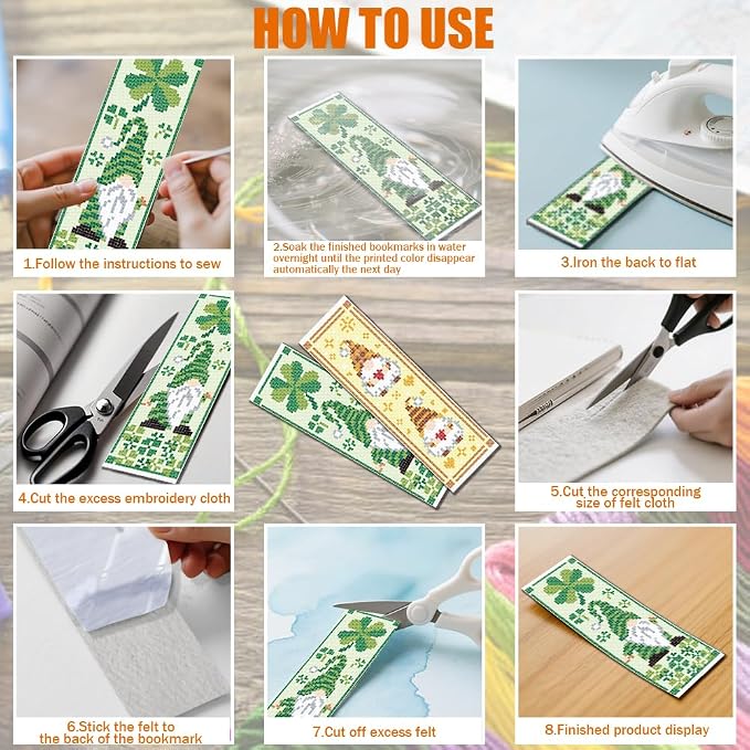 FREEBLOSS 6 Set Cross Stitch Bookmark Kit St. Patrick Gnome Pattern Stamped - Image 5