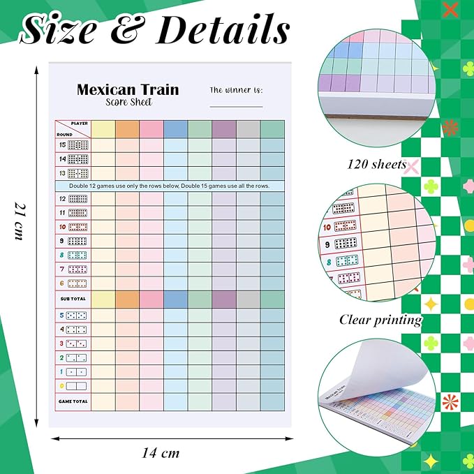 2 Pack 120 Sheets Mexican Train Score Pads Colorful Chicken Foot Dominoes Game Scorepad Adult Mexican Train Score Sheet Scoreboard Paper Record Clearly for Family Game (8 x 5.5 Inches)