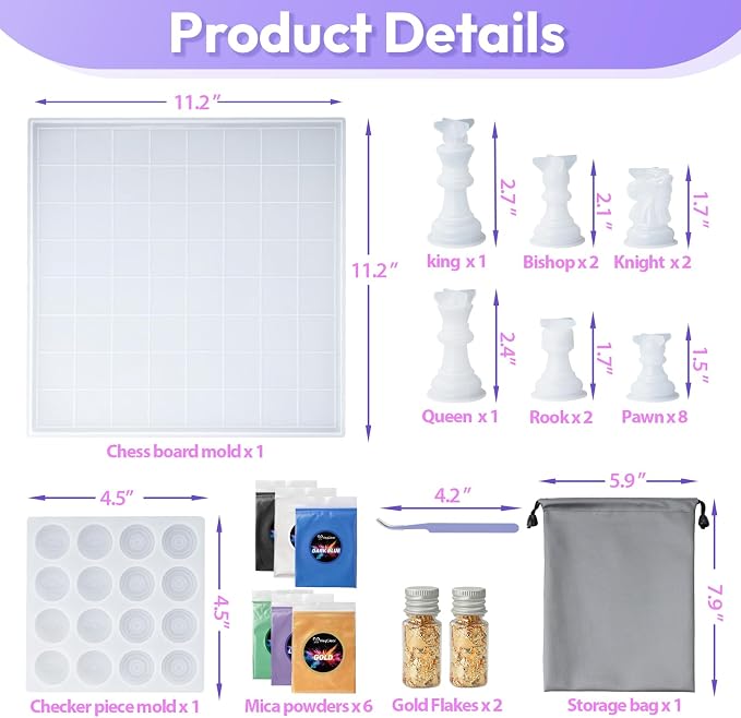 HeyClear Chess Set Resin Molds, Chess Board Silicone Molds & 16PCS 3D Full Size - Image 4