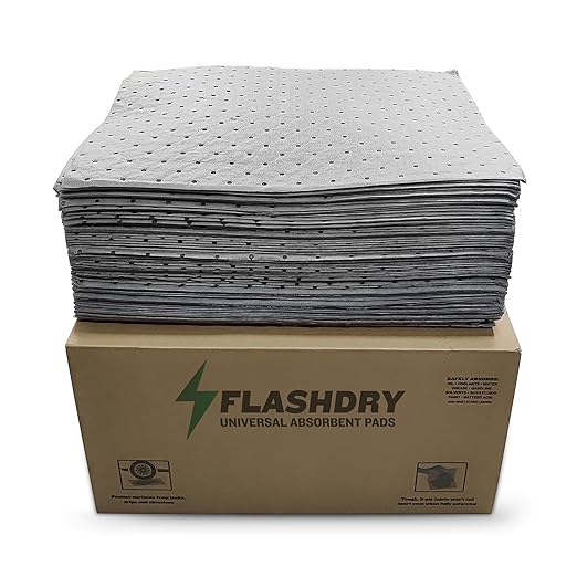FlashDry - Universal Spill Absorbent Pads (100 Pads per Container) | 17.5” x 13.5” x 2mm Oil and All Purpose Premium Liquid Pads Packed in a Convenient Sturdy Dispensing Box (1)