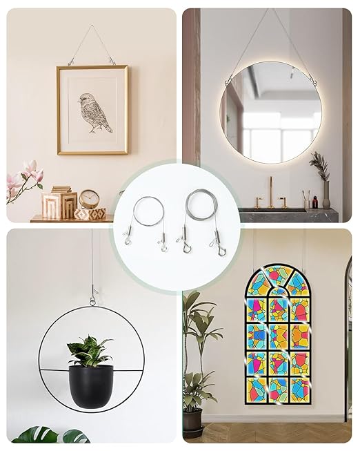 2PCS Adjustable Picture Hanging Wire 2m x 1.5mm Large Hooks, Picture Frame Wire Kit Heavy Duty 100lbs, Stainless Steel for Art, Mirror, Light Lamp, Billboards, Basket Flowerpot