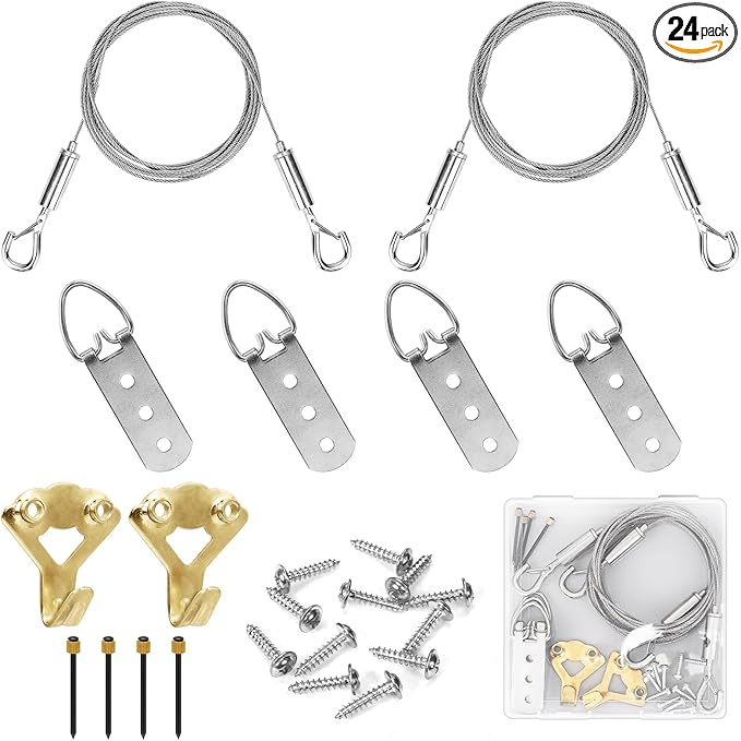 2 Pack Picture Hanging Wire Kit, Heavy Duty Picture Wire Kit for Frames & Mirrors up to 50lbs, Includes Adjustable 2m Steel Wires, D Rings & Screws, Wall Hanging Kit for Home & Gallery Use