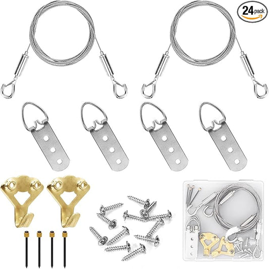 2 Pack Picture Hanging Wire Kit, Heavy Duty Picture Wire Kit for Frames & Mirrors up to 50lbs, Includes Adjustable 2m Steel Wires, D Rings & Screws, Wall Hanging Kit for Home & Gallery Use