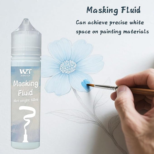 2Pcs Masking Fluid for Watercolor Painting with a Paintbrush and Eraser - Art Masking Fluid Pen Watercolor Medium Art Supplies for Artists - 60ml Blue+60ml White