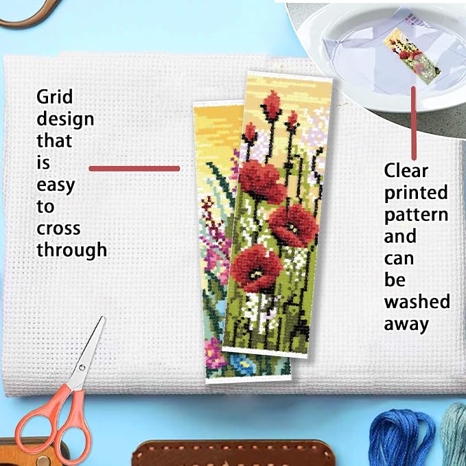 FREEBLOSS 6 Set Cross Stitch Bookmark Kit Wild Flowers Pattern Stamped Cross - Image 3