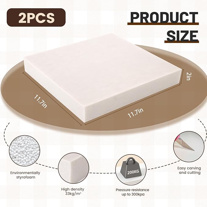 Gvereld High Density XPS Foam Board, 2 Pack 11.7x11.7X 2in Polystyrene Craft Foam Sheets, Rigid and Easy to Shape,DIY Modeling Art Projects, Party Decoration, Cosplay Prop Production, Heat Insulation
