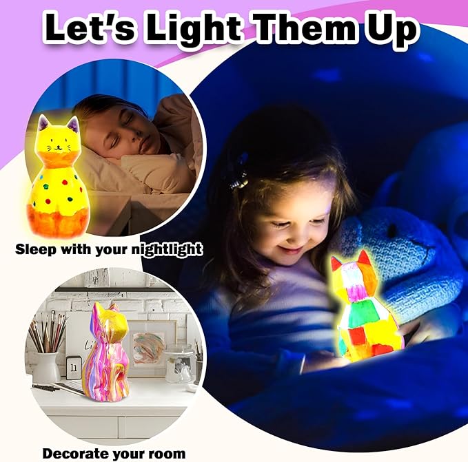 FUNZBO Paint Your Own Cat Lamp Kit - Halloweens Arts and Crafts Supplies, Toys for Ages 8-13, Crafts for Girls 8-12, Painting Kits for Kids Teen, DIY Toy for Toddler 3 4 5 6 7 9 10 11 + Birthday Gifts